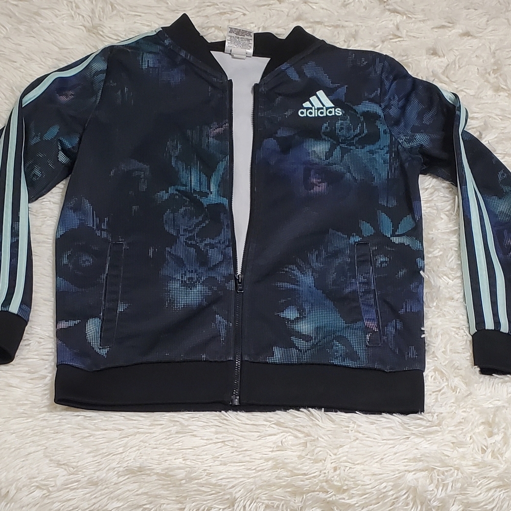 Adidas Dark Floral Zip-up Track Jacket Hoodless With Pockets, Girls Sz Large-14